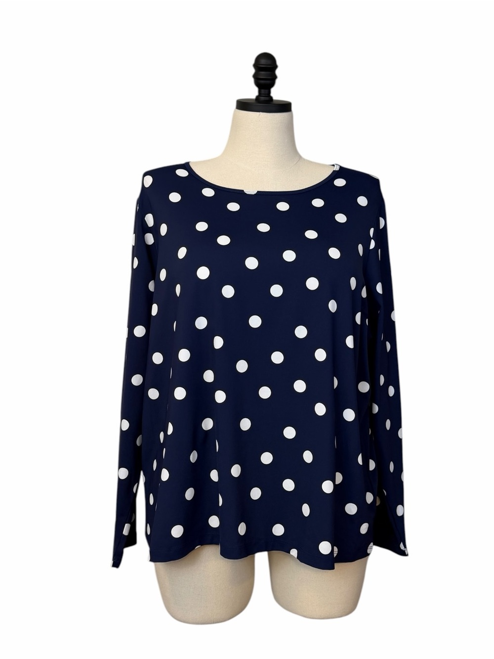 Lands End Swim Tee 18 UPF 50 Rash Guard Navy White Polka Dot Long Sleeve Plus